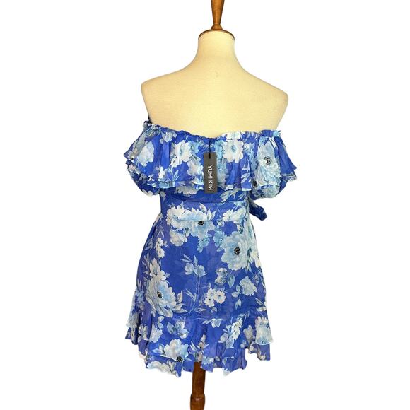 Yumi Kim Blue Floral Off The Shoulder Mini Dress LARGE Ruffle Wedding Guest NEW - Picture 6 of 8